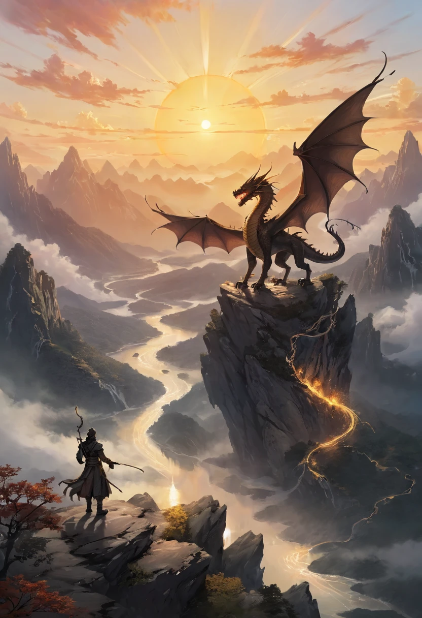 antasy art, dnd art, RPG art, wide shot, (masterpiece: 1.4) a silhouette of a dragon that spread his wings on top of a mountain as the sun rises at dawn behind him. reflection light, high details, best quality, 16k, [ultra detailed], masterpiece, best quality, (extremely detailed), the sun (cast a shadow behind the dragon: 1.5), sun rays, clouds, ultra wide shot, photorealistic, RAW, fantasy art, dnd art, fantasy art, realistic ar