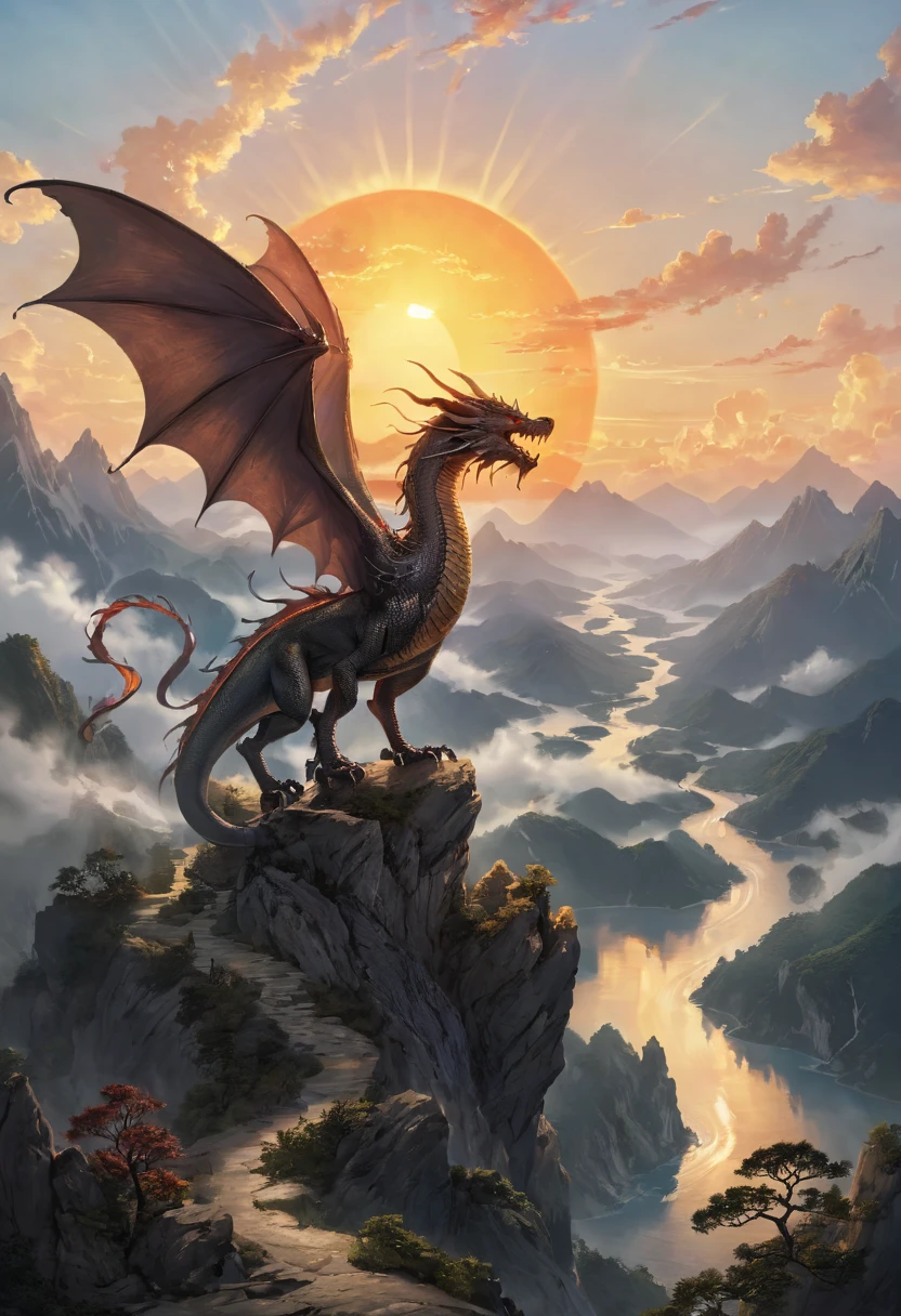 antasy art, dnd art, RPG art, wide shot, (masterpiece: 1.4) a silhouette of a dragon that spread his wings on top of a mountain as the sun rises at dawn behind him. reflection light, high details, best quality, 16k, [ultra detailed], masterpiece, best quality, (extremely detailed), the sun (cast a shadow behind the dragon: 1.5), sun rays, clouds, ultra wide shot, photorealistic, RAW, fantasy art, dnd art, fantasy art, realistic ar