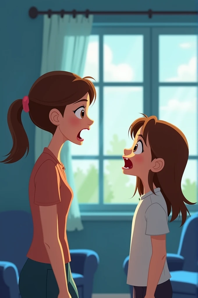 A lady angrily yells at the girl who is scared looking at her. The characters have brown hair and brown eyes.. Both are in a room with large windows and blue furniture.. Both are face to face. animated art.