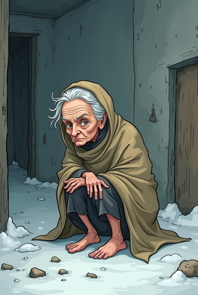 Cartoon image of cold winter sky, The old lady has no warm clothes to wear., no socks to wear, sitting shivering in a corner of the house