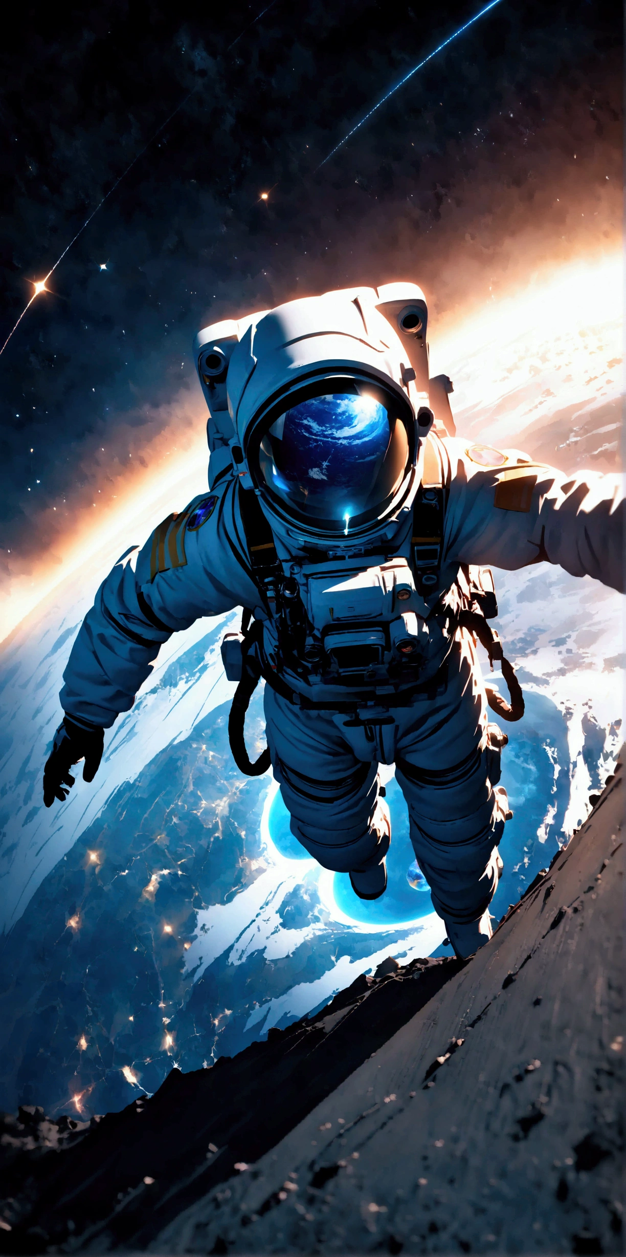 quality\(8k,wallpaper of extremely detailed CG unit, masterpiece,hight resolution,top-quality,top-quality real texture skin,hyper realisitic,increase the resolution,RAW photos,best qualtiy,highly detailed,the wallpaper,cinematic lighting,ray trace,golden ratio\), BREAK ,solo,1astronaut\(wearing spacesuit, drifting aimlessly in the galaxy\(dark,beautiful,beautiful stars\)\) watching at sun\(beautiful ,dazzling\) rising from behind the beautiful (blue earth:1.4),(long shot:1.5)