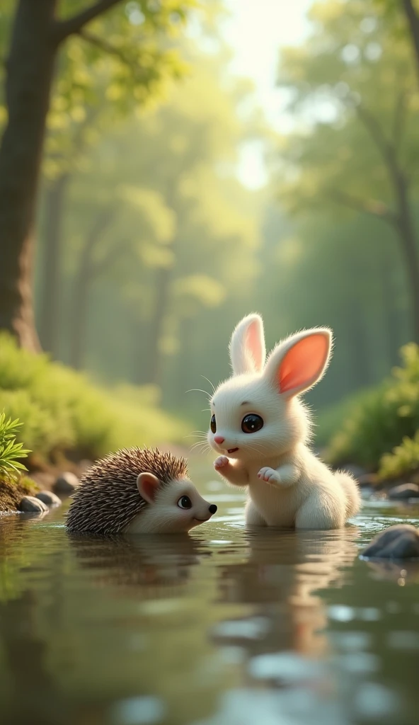 There is a very beautiful background of a forest. A There is a very beautiful background of a forest. A small rabbit is white in colour. The rabbit has very lovely eyes. The rabbit looks very cute, just like a child. The rabbit's hair is just like feathers. The rabbit saw that a small cute hedgehog got stuck in a river and half of its body was inside the river. It looked quite worried. And the rabbit was standing in front of it. The rabbit was outside the river. And the rabbit was looking at the hedgehog quite sadly. The rabbit moved both its hands towards the hedgehog. And the hedgehog also tried to catch the rabbit's hands with both its hands.image in 3d animation