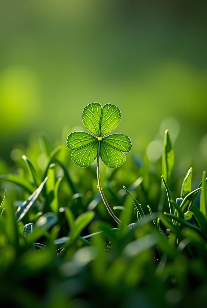 A highly detailed 8k photograph of a single four-leaf clover placed delicately on a bed of lush green grass. The clover's vibrant green leaves stand out against the rich texture of the grass, each leaf showing subtle variations in color and texture. The scene is softly lit by natural sunlight, casting gentle shadows and highlighting the clover's unique shape. peaceful and serene mood, Created Using: macro photography, shallow depth of field, fine detail, natural lighting
