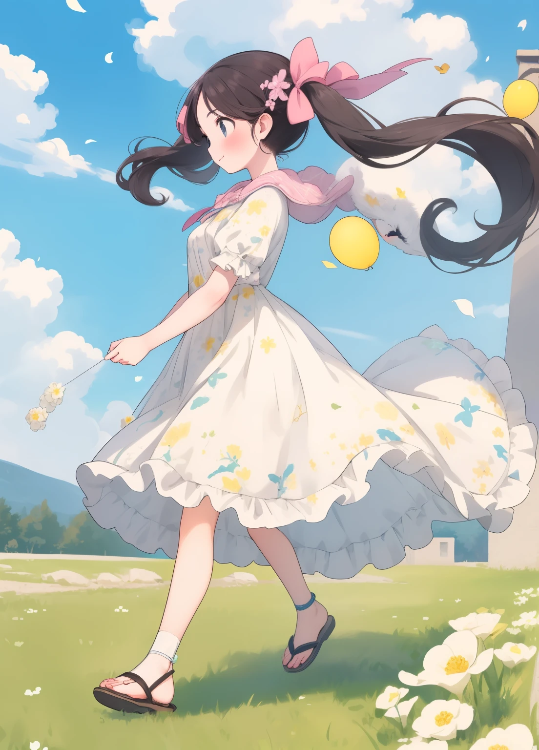 (masterpiece、Highest quality、Highest quality、Official Art、Beautiful and beautiful:1.2)、(One person:1.3)Hatsune Miku、Twin tails,Beautiful breasts, Katsushika Hokusai,Holding colorful balloons，smile，She has dark hair and wears sandals and a white dress., The wind ruffled her skirt.，running，A yellow and white Akita dog is walking on the green grass beside him.，Green grass with blooming flowers，
The sky is blue，White cloud, masterpiece, Highest quality，Side view，