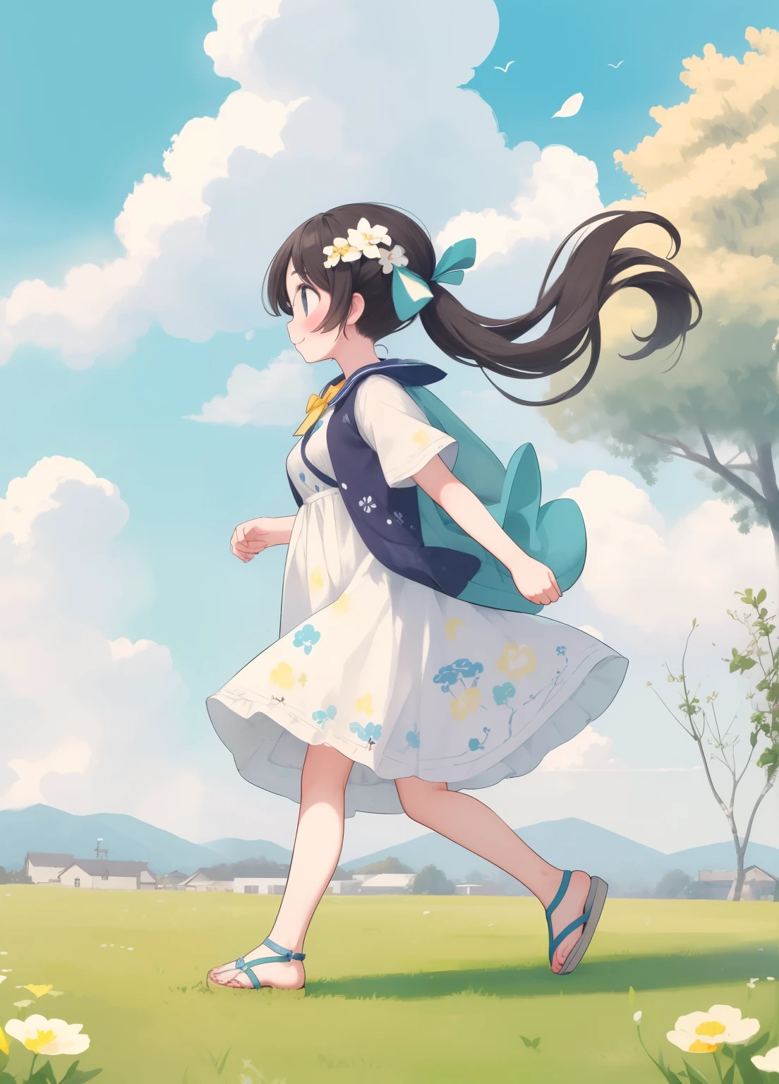 (masterpiece、Highest quality、Highest quality、Official Art、Beautiful and beautiful:1.2)、(One person:1.3)Hatsune Miku、Twin tails,Beautiful breasts, Katsushika Hokusai,Holding colorful balloons,smile,She has dark hair and wears sandals and a white dress., The wind ruffled her skirt.,running,A yellow and white Akita dog is walking on the green grass beside him.,Green grass with blooming flowers,
The sky is blue,White cloud, masterpiece, Highest quality,Side view,