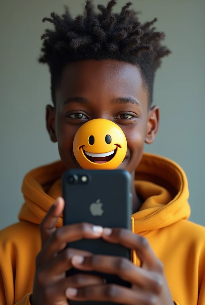 Un garçon ado , Africain,qui se photographie, mais son visage a un emoji souriant, réaliste, humaines, haut niveau de réalisatio