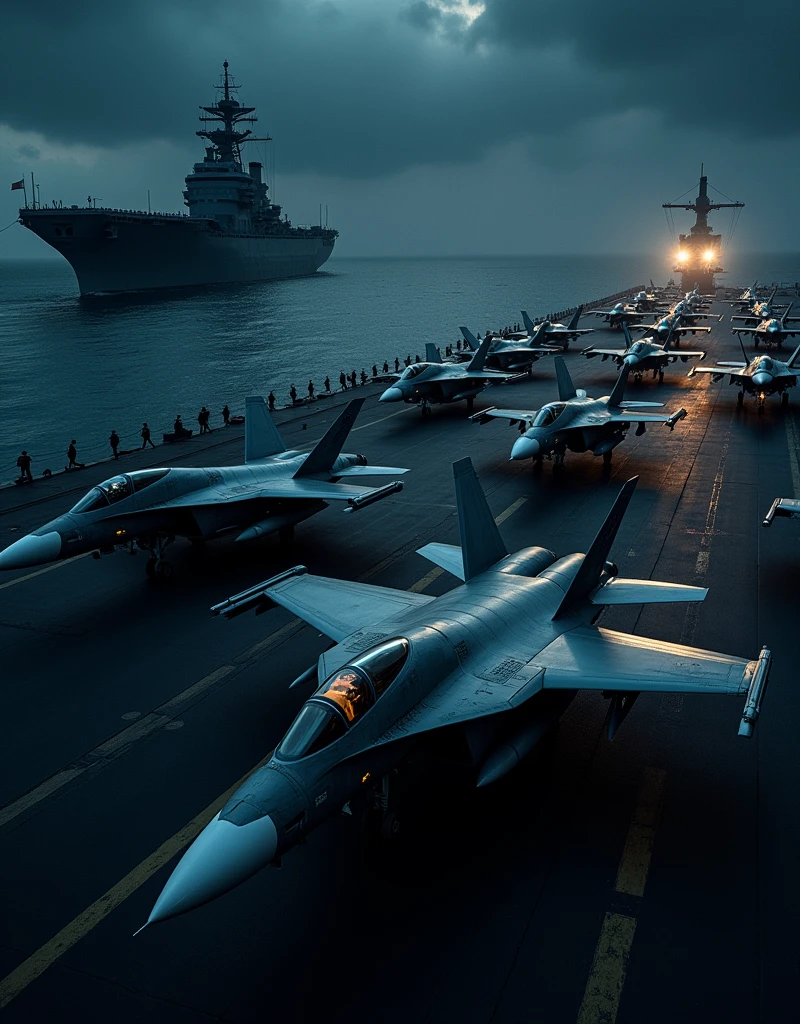 an aircraft carrier flight deck with many combat aircraft lined up, light leaking from the pits, night combat, beautiful night sky, a battleship with searchlights visible
