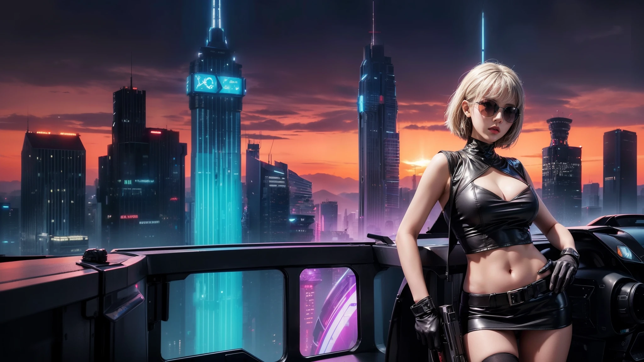 (Wide angle view). Blade Runner style futuristic city, simple outlined transparent neon tall buildings, glowing giant clock tower, flying cars, helicopter, lightning, 3D rendering Beeple. At night, (1girl, solo, alone), photorealistic, medium-breast slim:0.6 body, oval:0.6 face, cleavage:1.1, sexy black laced bra, glove, deep-V, (very low angle view of miniskirt), white laced panty, coat, (Matrix style black micro sunglasses), ((aiming viewer with a short gun)), (running pose), (half-body thigh level close-up shot), cinematic lighting, ray tracing.