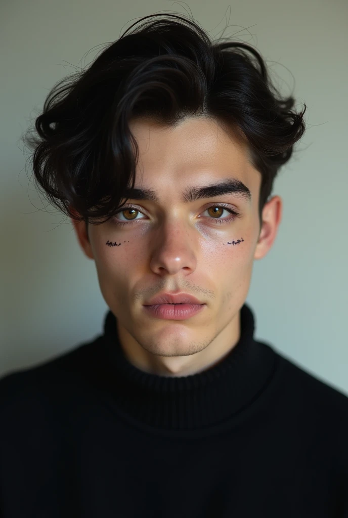 generates image with a male ager with wavy hair combed to the side and with a line in the eyebrow with brown eyes wearing a black sweater