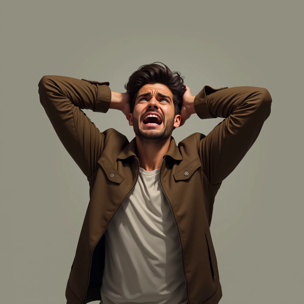 naughty man, crying with arms up, muito triste, looking up, brown jacket, Youngh