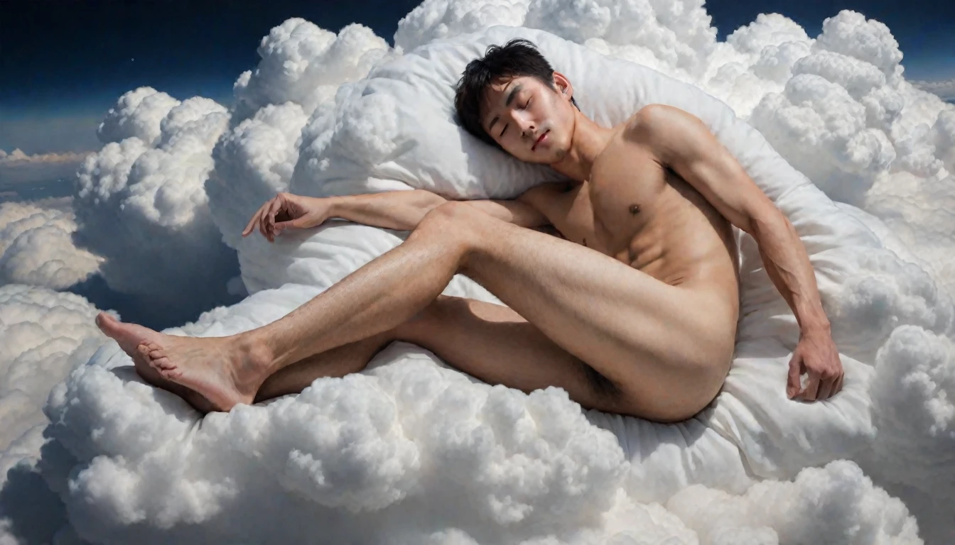 beautiful naked slim body, toned legs Japanese man sleeping happily in the clouds, angelical face give back to camera , (short hair:1.2), by zaria forman, by night he sleeps turning lean slim Butt to viewer, handsome Japanese boy sleep naked showing his feet soles laying down in