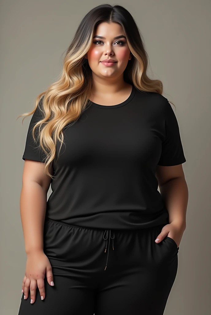 (photorealism:1.2), beautiful chubby woman, white skin ,wearing black t-shirt
, pajama pants, long hair mix color blonde and black