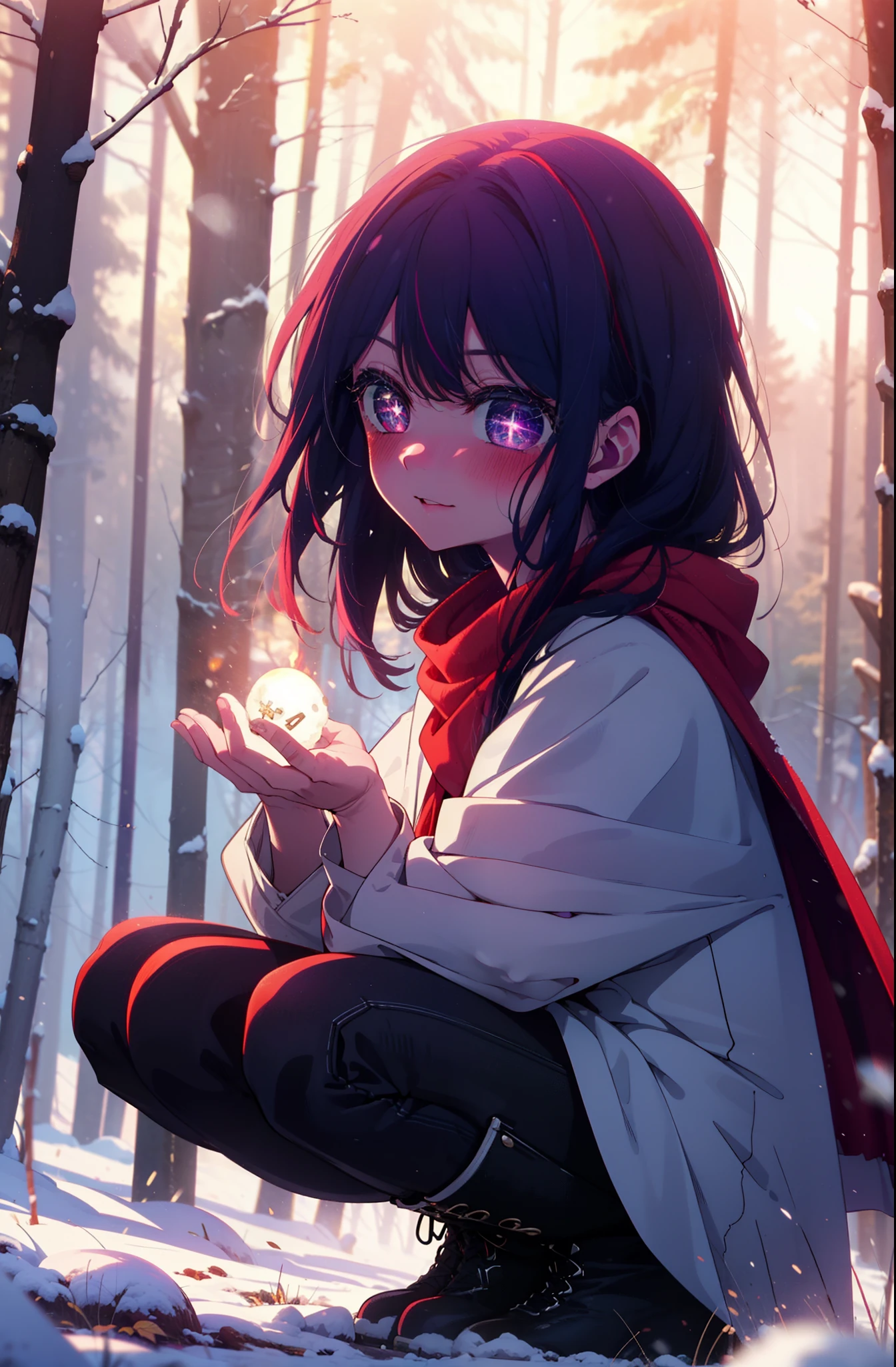 aihoshino, Ai Hoshino, Long Hair, bangs, (Purple eyes:1.1), Purple Hair, (Symbol-shaped pupil:1.5), smile,,smile,blush,white breath,
Open your mouth,snow,Ground bonfire, Outdoor, boots, snowing, From the side, wood, suitcase, Cape, Blurred, , forest, White handbag, nature, Squat, Mouth closed, Cape, winter, Written boundary depth, Black shoes, red Cape break looking at viewer, Upper Body, whole body, break Outdoor, forest, nature, break (masterpiece:1.2), Highest quality, High resolution, unity 8k wallpaper, (shape:0.8), (Beautiful and beautiful eyes:1.6), Highly detailed face, Perfect lighting, Highly detailed CG, (Perfect hands, Perfect Anatomy),