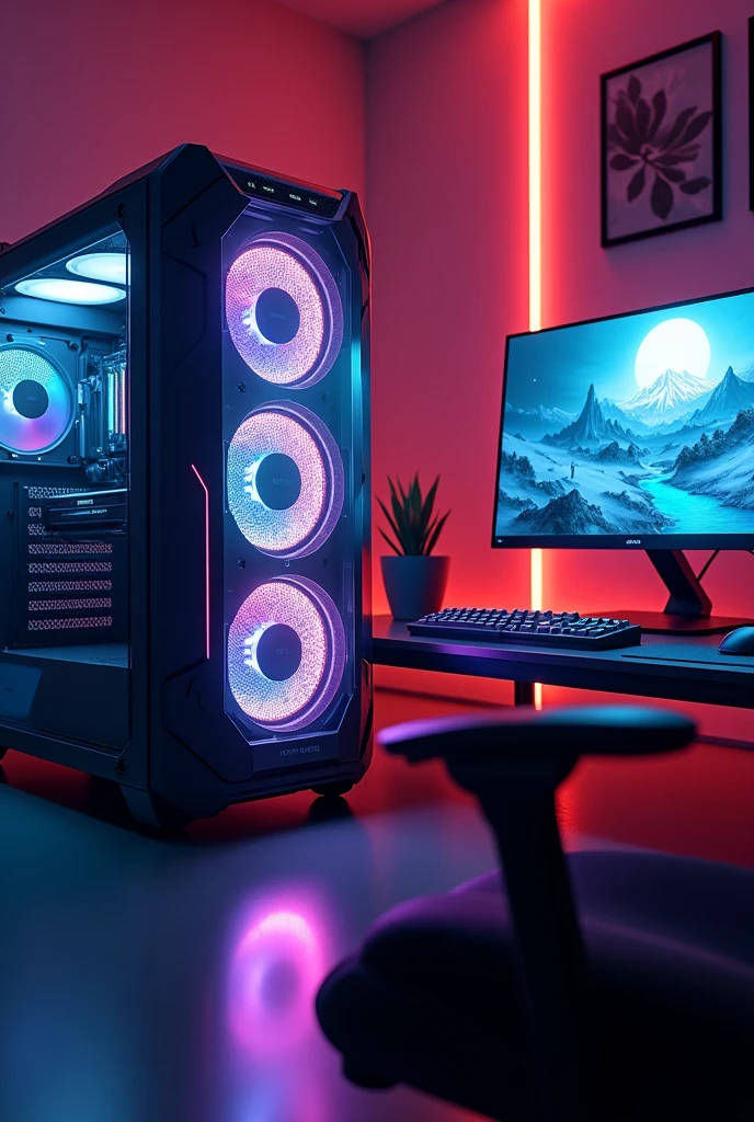A side-angle view of the workspace with a focus on the CPU tower glowing with LED lights, a gaming chair, a vibrant monitor showing a colorful digital artwork, a gaming mouse pad, and a potted succulent plant. The setup should convey a gaming or tech-savvy atmosphere