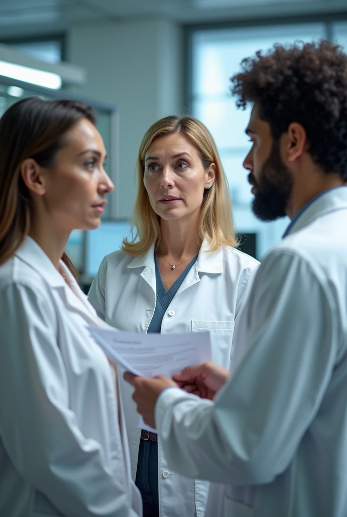 Three people are in the lab standing, they are wearing lab coats. One of them is mid 50s woman, blonde mid size hair and she is the auditor, holding some documents. One auditee is at early 30s man handsome with dark hair, beard and blue eyes, other auditte is middle 30s woman with middle sized dark curly hair, hair not binded, from Turkey. All three's faces are visible and look real people from pictures.