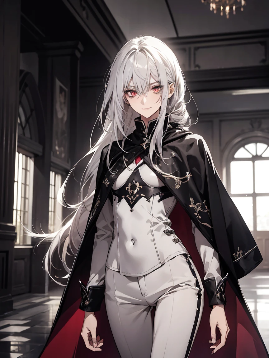 (Confused, High resolution, Very detailed), 1 female, Silver Hair,Long Hair,Knot,Hair tied at the nape,Low Tail,Crimson Eyes,Black and white clothes,27th generation,beauty,mature,thin,quiet,Small smile,Cape,Slender and thin,boots,skinny pants,lobby,Small breasts,
