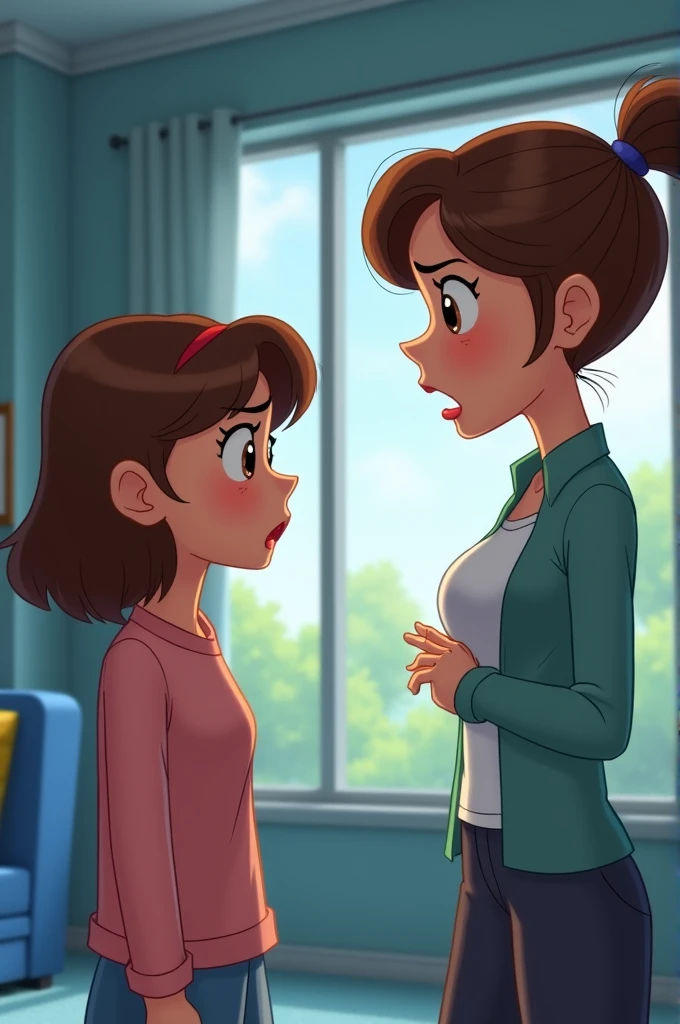 A lady angrily yells at the girl who is scared looking at her. The characters have brown hair and brown eyes.. Both are in a room with large windows and blue furniture.. Both are face to face. animated art.