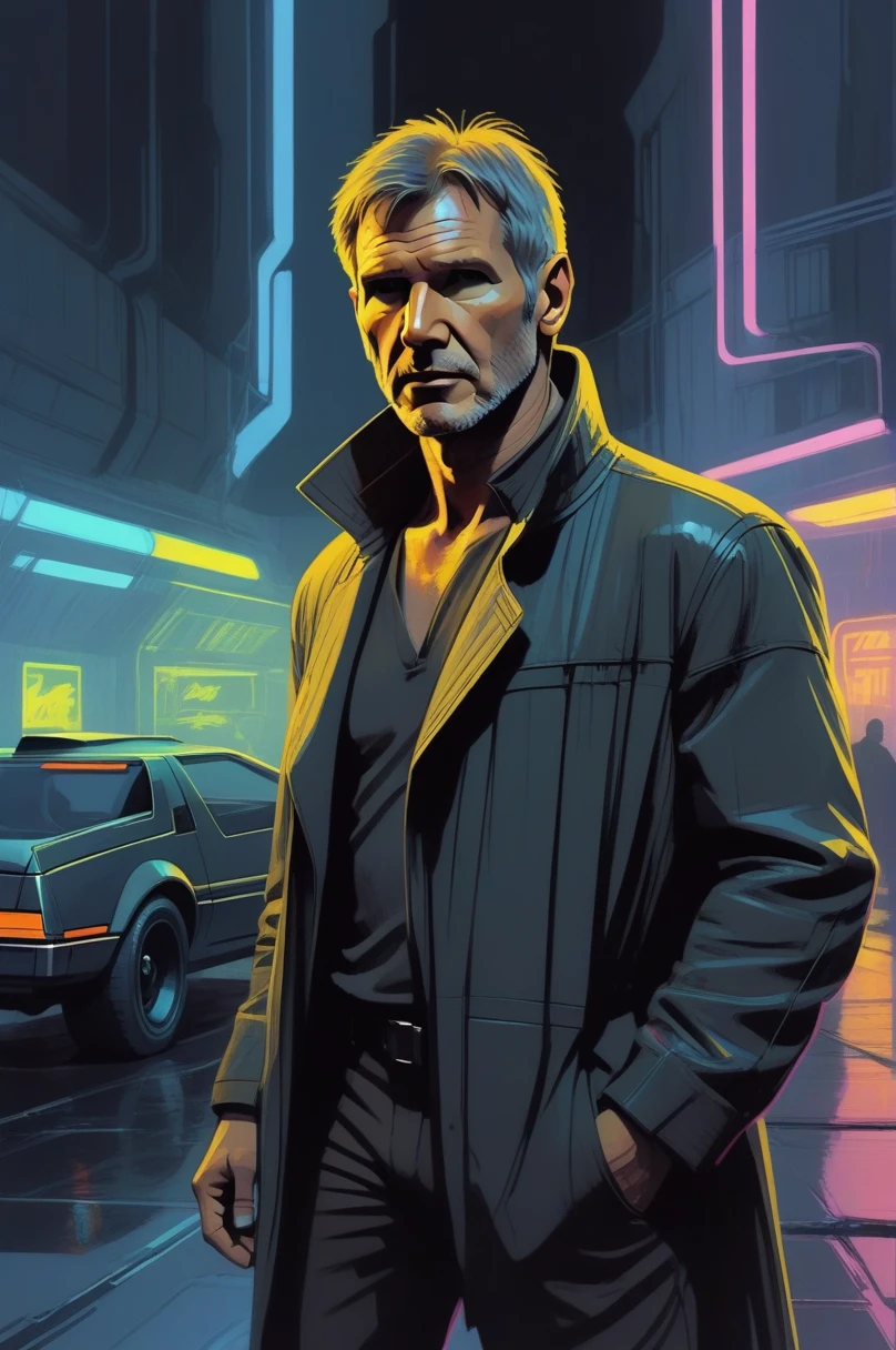 sketch, drawing of harrison ford as blade runner, flat colors, dark retro futuristic street in the background, neon lights, (cars:0.5), concept art by syd mead, 