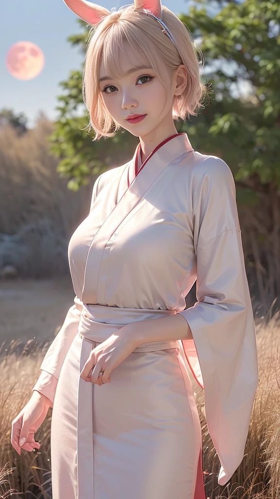 (Ultra high definition,Very sophisticated,Perfect Face,Age is 16,Highest quality,Realistic raw texture,Realistic,Natural smile,Pink platinum blonde,Sexy hairstyle:1.5),(Slender and exquisite physique,Stylish thin eyebrows,Big Breasts:1.2),(see through,Japanese clothing,Hanbok,Chinese clothing,Traditional Kimono,Short-haired rabbit ears,I can see your chest:1.4),(perfect body,perfect proportion,The torso is short,Red full moon and silver grass background at night:1.3),