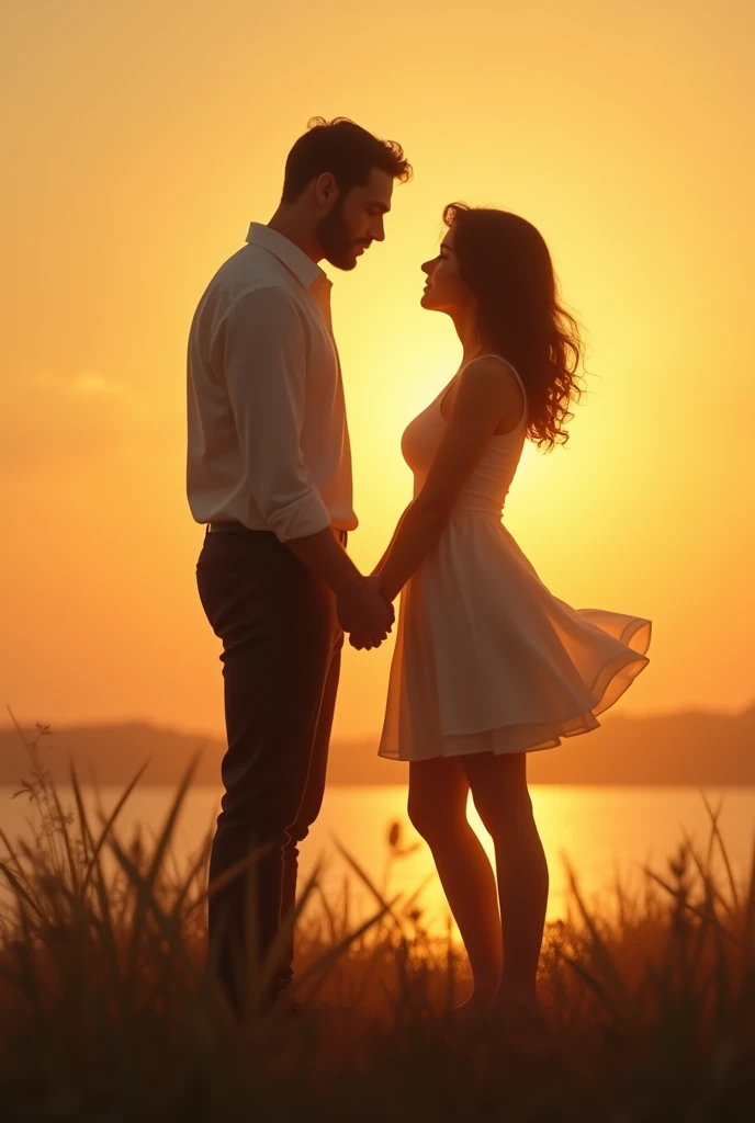 Create a silhouette image of a couple reconnecting emotionally. The scene should show the figures of a man and a woman in profile., approaching each other, with hands almost touching, suggesting a reconciliation. The soft, golden light of sunset or dawn should envelop the silhouettes, criando uma atmosfera calorosa e acolhedora. The background should be minimalist, perhaps an open field or by the lake, highlighting the intimate connection between them.
The silhouette of the body must be delicate and elegant, with faces close enough to indicate tenderness, but without kisses, only with the intention of reconnection. The environment must convey a feeling of peace, Hope and renewal.