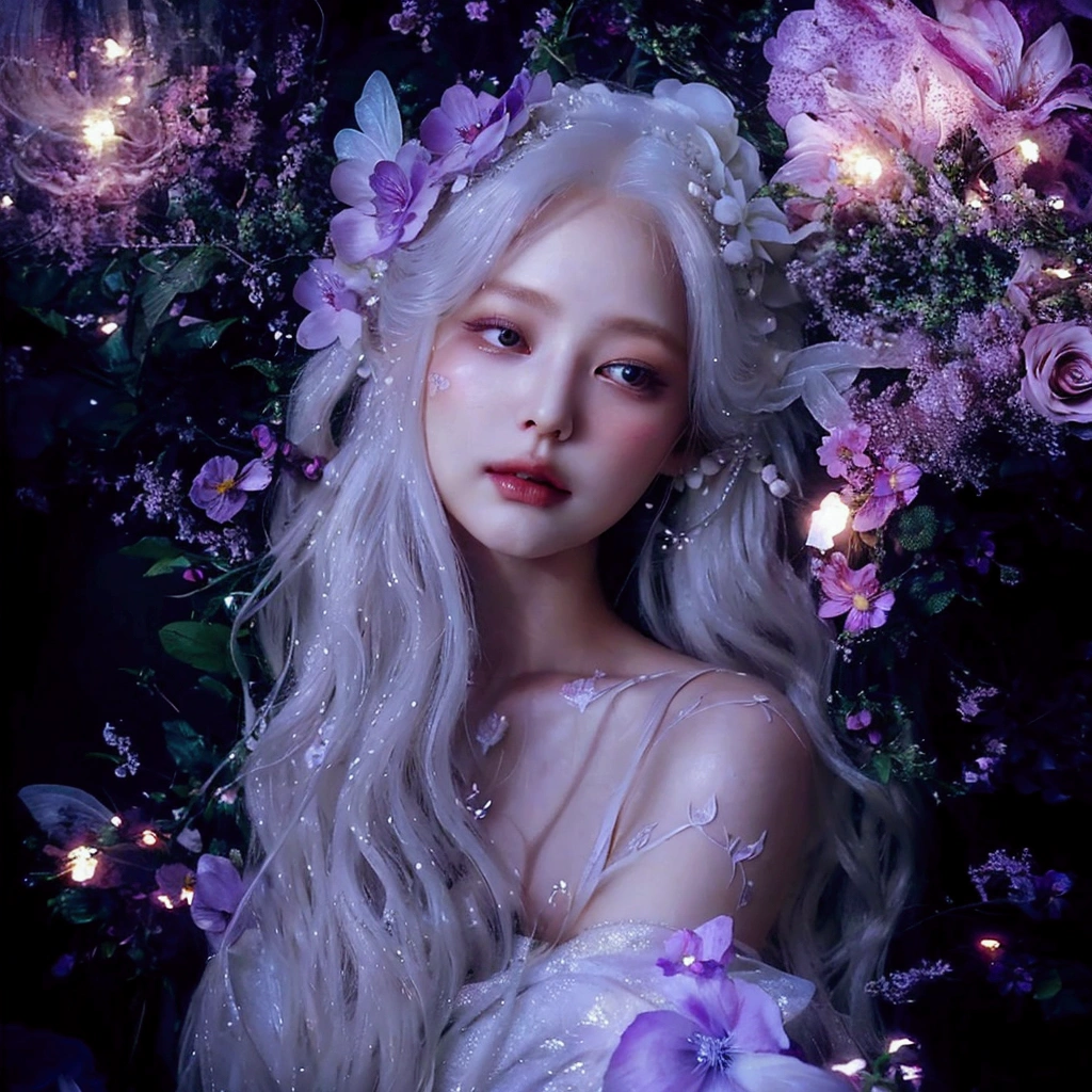 a close up of a woman with long white hair and flowers in her hair, ethereal beauty, ethereal fairytale, ethereal fantasy, fairy aesthetics, fantasy aesthetic!, fairycore, ethereal!!! ultra realistic, portrait of a fairy, ethereal hair, fantasy art style, very magical and dreamy, fantasy aesthetic, beautiful fantasy portrait, beautiful fantasy art portrait, with white long hair