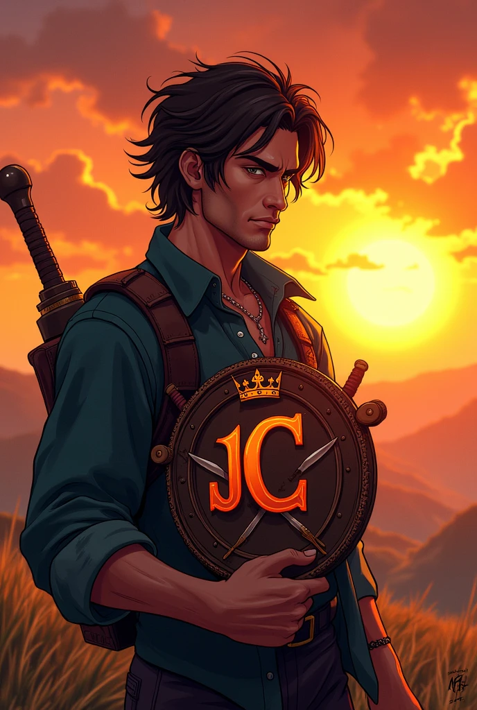 dark brown hair male character carrying a logo with the initials "J" and "C" and crowns and swords in the logo, retro video game theme, sunset background