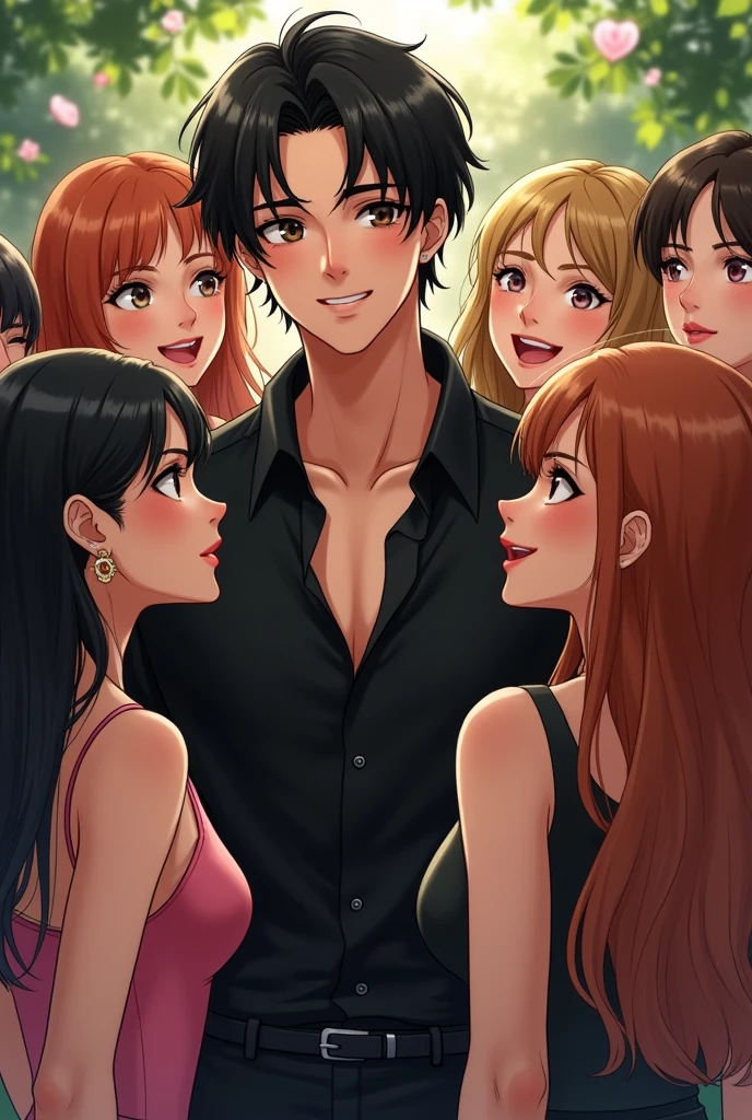 One in black with medium length black hair and smiling with several girls, who are in love with him and want to kiss him .