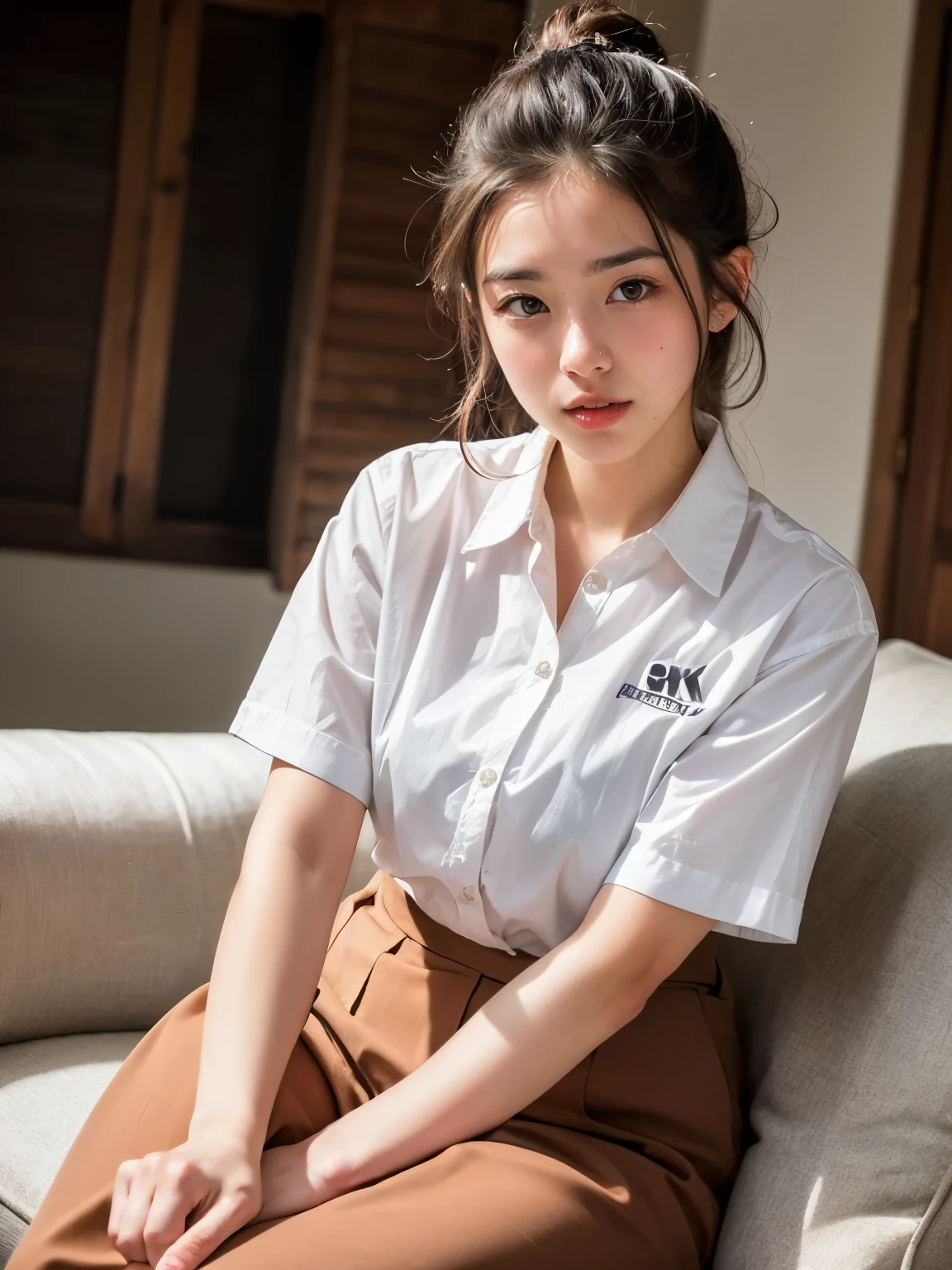 ((Highest quality, 8k, masterpiece :1.3)), one person's, smile, whole body, Slim face, Beautiful woman, (Dark brown hair), Full-length dress :1.1, Ultra-realistic pantyhose、Highly detailed face, Detailed eyes, double eyelid, Blur the background, Slim face, city, outside, street,