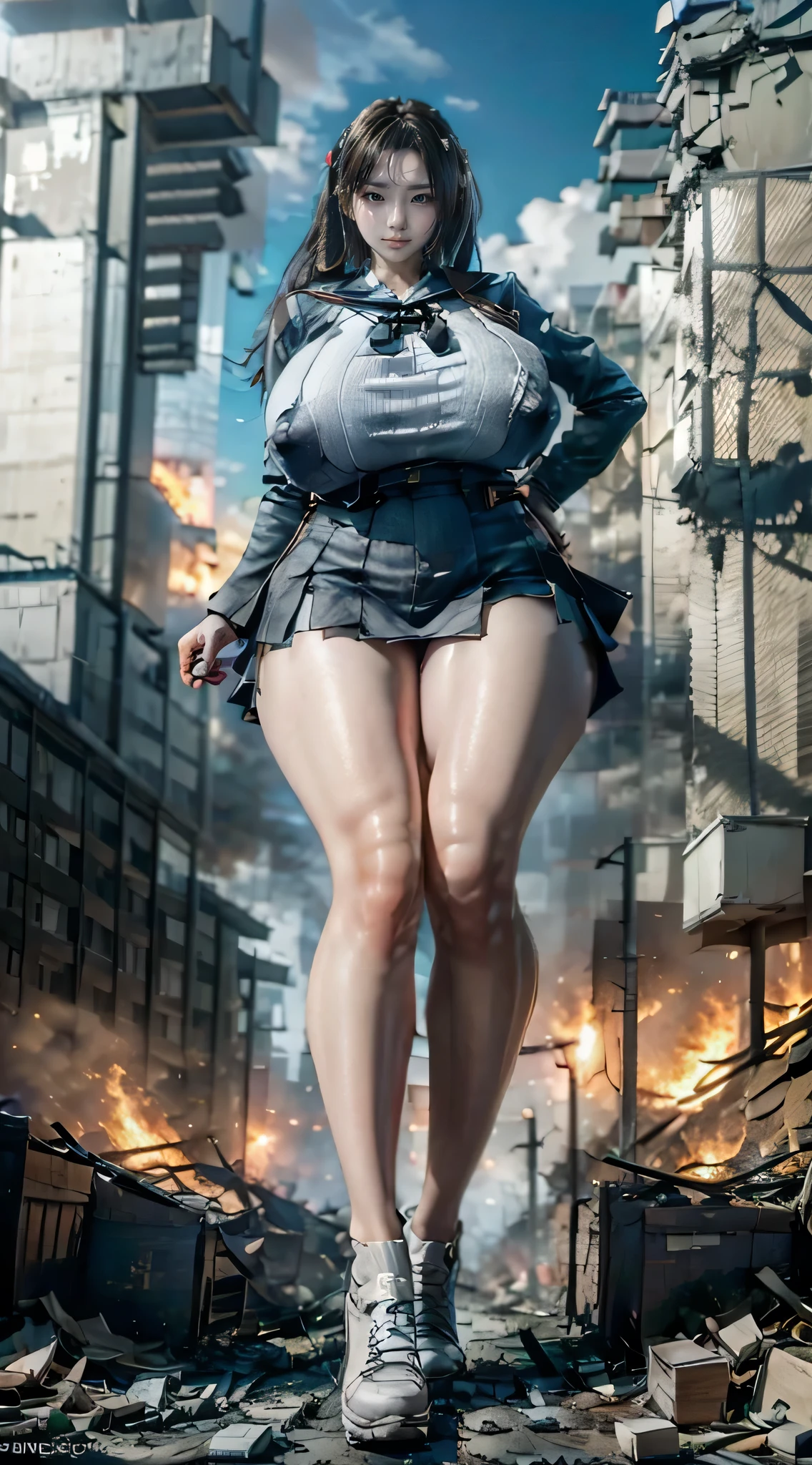 (Giantess Elements, High resolution, high quality, Accurate body structure, Detailed body), Japanese schoolgirl, Sailor suit, Towering Giant Girl, Very large bigger than a face, Looking up at a woman approaching from below, giant attacks city, cute, girl Destroy a small town, Destroy a small town, Naughty look, Japanese, White skin, smile, trampling buildings, rubble, Burning Small Town, destroyed small building, Collapsed highway, Cars are crushed, Evacuation of residents, sunset, Burning Small Town, please, walk, Trampling, Anatomically correct, Accurate human body, Accurate skeleton, Full body portrait, blue eyes, rubble scattert feet, taller than a skyscraper, Major impact, wonderful, Giantess Elements, Draw a woman in a big way, The rise of disruptors, making city smaller, rampage, city, building,