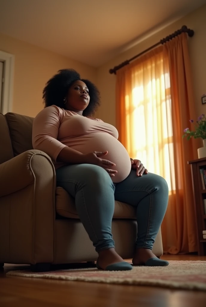 Your POV view from below when Cardi B&#39;s plus size stepmother is heavily pregnant and sits on a chair at home with a giant and tall posture.. HD, cinematic, Photorealistic, fisheye camera view, iphone camera style.