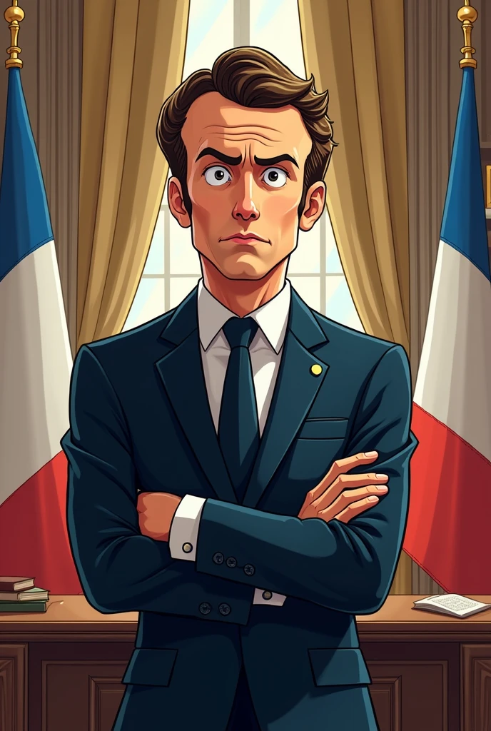 A Japanese shonen style caricature of Macron the thinking president