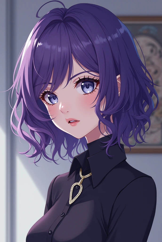 Let us introduce Luciana, the third and final member of Marina's tight circle, a kuudere whose violet curls and stoic nature hide a deep emotional intelligence: Luciana's presence is characterized by an air of serenity, her violet hair often styled in a short bob. shoulder length that frames her heart-shaped face. Her eyes, a striking shade of indigo, seem to contain a deep wisdom, as if they have seen and processed many of life's complexities. Luciana's features are finely sculpted, with high cheekbones and a straight, determined nose. Her lips, painted a subtle shade of blackberry, are usually set in a calm, enigmatic line, revealing little of her inner world. Standing at approximately 5'8", Luciana has a statuesque build, her slender yet toned physique is a testament to her love for martial arts and outdoor activities. Her style is understated yet elegant, often consisting of form-fitting blouses, slim-fitting pants, and statement jewelry that adds a touch of sophistication to her overall aesthetic. Luciana's behavior is a picture of poise and composure, rarely allowing her true emotions to surface in public. However, those who are lucky enough to earn her trust are rewarded with glimpses of her hidden warmth and vulnerability."" Do it anime style