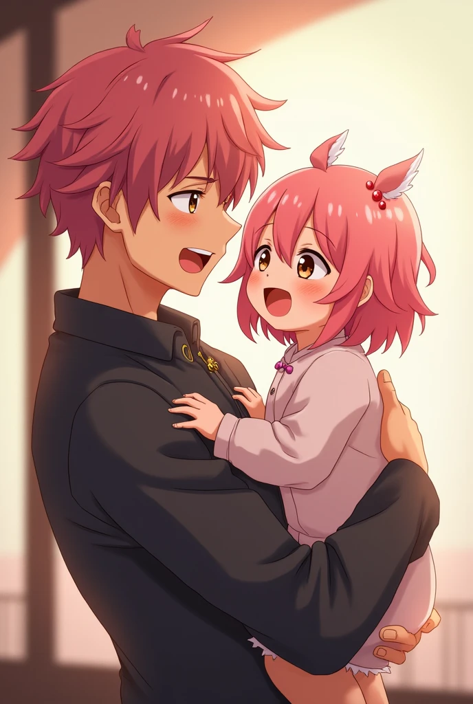 Jujutsu Kaizen screenshot. Bebe de pelo rosa y Brown eyes feliz y tierna en los brazos de un hombre de pelo rosa ,Brown eyes, crying with joy