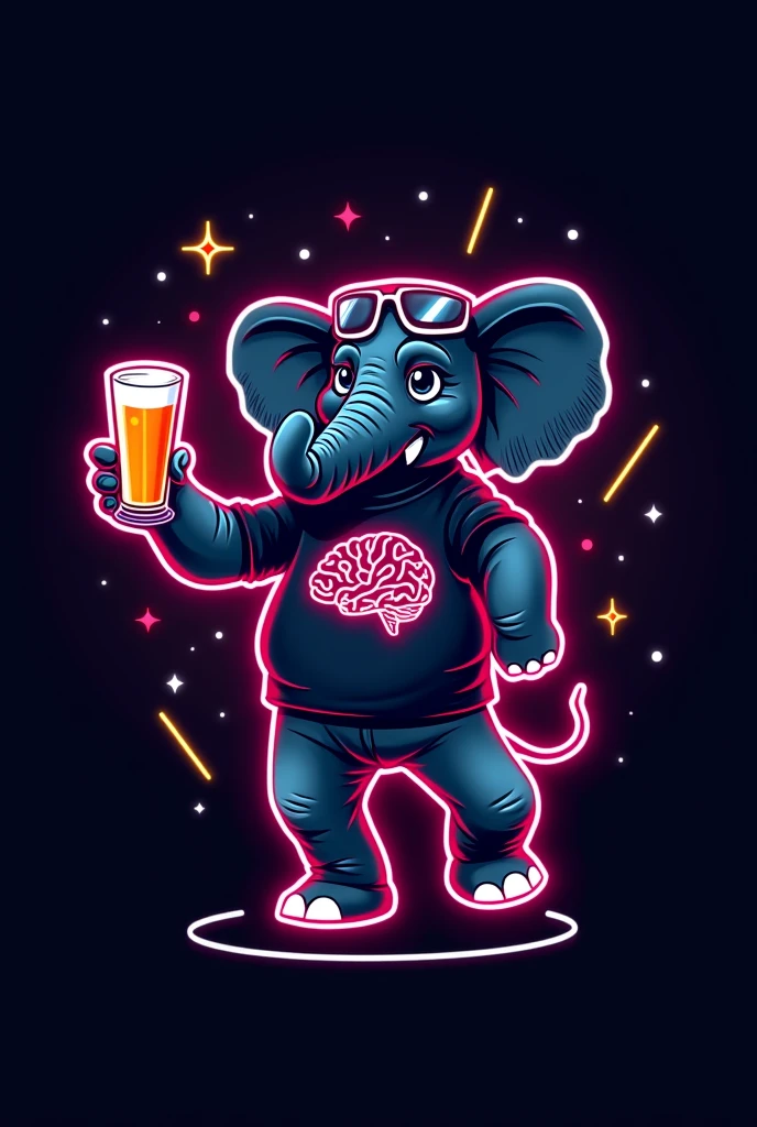 A minimalistic neon-style emblem featuring an elephant wearing a Tuffi T-shirt, holding a beer, and dancing. The elephant is dressed in 70s, 80s, or 90s fashion, with trendy glasses. The design is an outline with no detailing, surrounded by simple brain icons with neon lines connecting them, suggesting a psychological theme. The emblem includes plenty of open space for adding large text, set against a dark background for a vibrant, party-ready look.