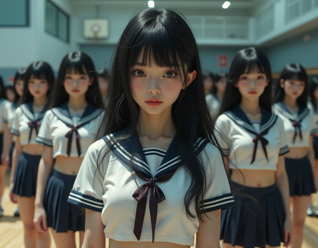 (Japanese Clone-girls=Myself), (Super Best masterpiece Clone-girls Raw Photography Art), (16K, Highest quality, Ultra-high resolution, RAW Photos), (It's so unrealistic., With unparalleled depiction, With an unfathomable sight, An unprecedented and shocking worldview, Clone-girls: In a world of mass reproduction, Ultra-realistic), (Japanese Girls, , Small face, Thick black hair, long hair, Dark Eyes, Mature face, かわいいsmile, Smiling face, A gentle gaze, Very pleasant look), (Very beautiful detailed girls, Accurate body structure, Accurate body movements, Very detailed body, (Super big breasts, Large bulge of ample breasts)), (Schoolgirl uniform, Short sleeve, mini skirt, Emphasise the fullness of your breasts), (Very detailed, Myself cloning, Depiction of splitting oneself, 1Myself girl→1,000,000,000,000,000,000,000,000,000,000Myself cloning girls), (Very detailed and intricate, Myself clone-girlsから, Myself's body is multiplying, A perfectly matched depiction, (In the same female body,With the same face, With the same hairstyle, In the same clothes, At the same height, 同じSuper big breasts)), (Myself girls only), Academy, gym, stage, Commemorative photo depiction, Group photo, ひな壇stage描写, smile