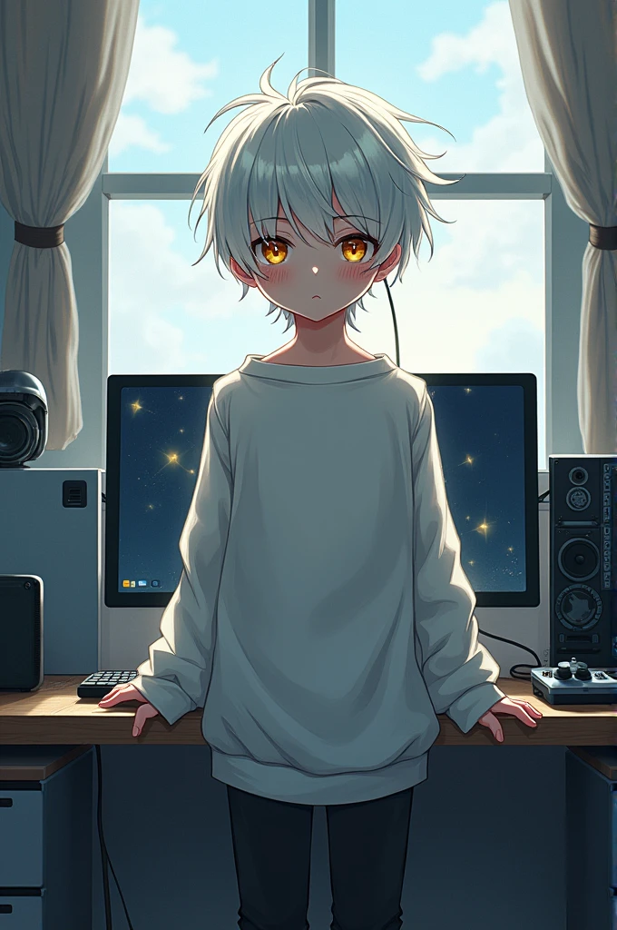 A Japanese boy with white hair and golden eyes, we can see his skinny waist due to the wind by his window, under his white sweater. He's standing in front of a whole gaming set up
