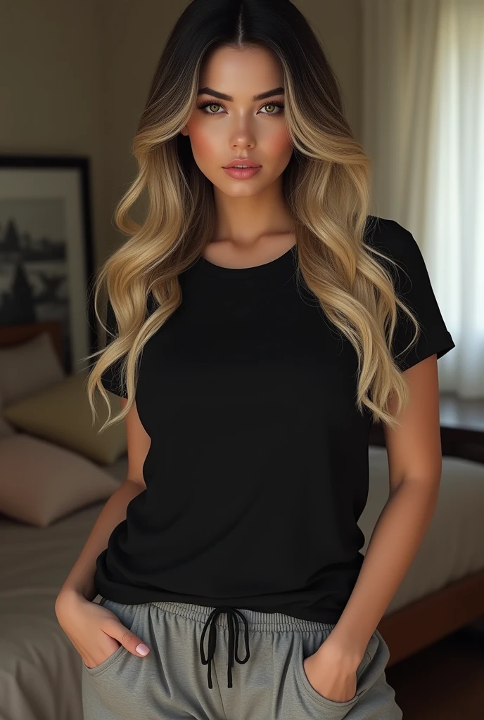 (photorealism:1.2), beautiful sexy chubby woman,  white skin ,wearing black t-shirt 
, pajama pants, long hair mix color blonde and black