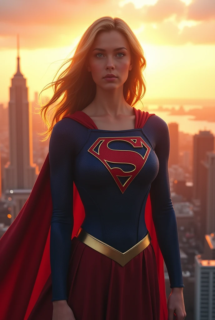 Supergirl, Over the city, Preparing for battle, Detailed artistic photography, Beautifully detailed face, dream-like, Shineing, Backlight, Glamour, Shine, Shadow, Oil on canvas, Brush strokes, soft, Ultra-high resolution, 8k, Unreal Engine 5, Super focus sharp, ArtJam, Reusch, sf, Complex art masterpiece, Threatening, Matte Painting Movie Posters, Golden Ratio, CGsociety Trends, Complex, amazing, Very detailed, Vibrant, Filmmaking Character Rendering, Quality Model Ultra High  