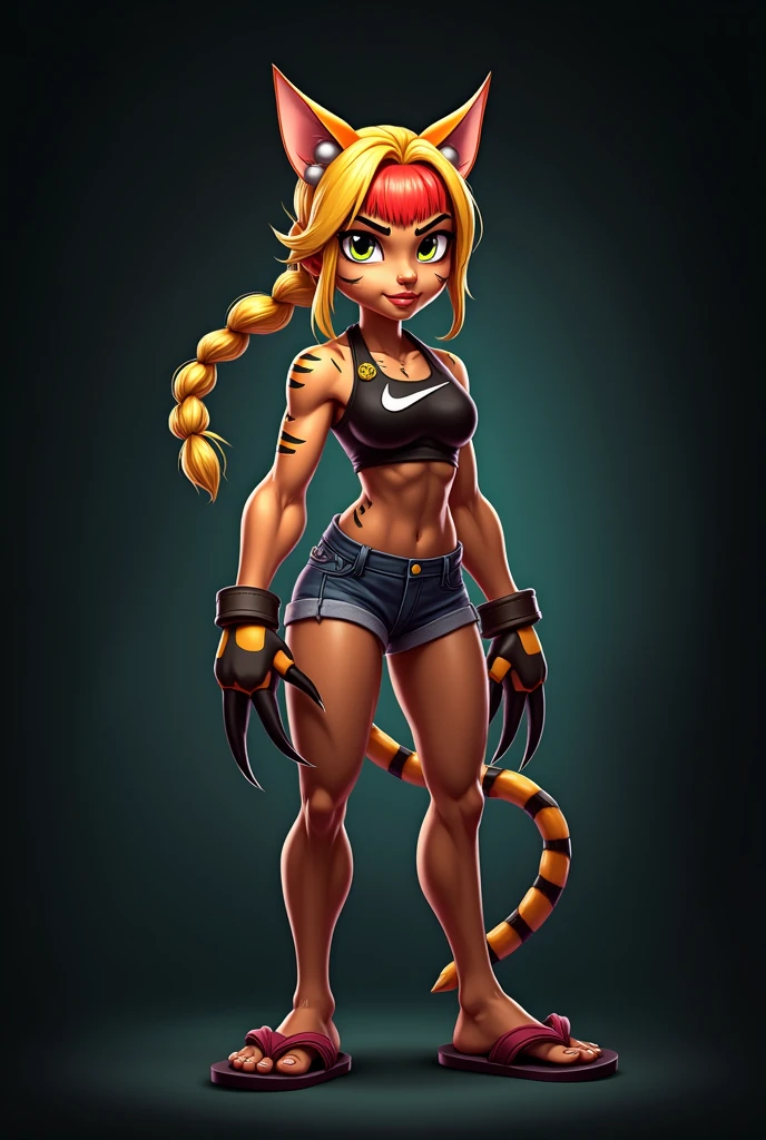 Heroine Very muscular woman body builder body of a professional fighter athletic great physical attributes brown skin with tanned tiger spots she has sun marks from her bra and thong panties in Vê, She is blonde with long hair with a single red fringe and has two long braids and cat ears., It has eyes of two different colors, the left one is pool blue and has a pool blue sclera, the right one is yellow and has a yellow sclera, both eyes have a cat's pupil, has black claws on its nails, She is wearing very typical Brazilian clothing, a black Nikke women's tank top, denim shorts and flip-flops.. Art style Vtuber 2.5D.