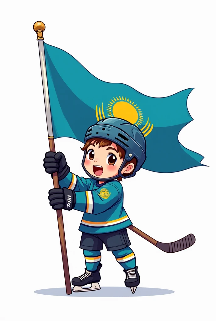 ((officially)) ((masterpiece)) ((Best quality)) ((detailed)) cartoon boy hockey player in uniform with emblem flag of Kazakhstan in hand stick in full growth on white background