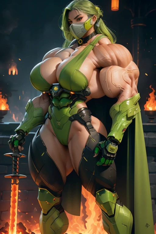 (((Close-up))), tall, (green hair), beautiful muscular cybernetic female ninja, (long curvy hair), black lipstick, brown skinned, closed smile, large breast, (massive muscles), (hyper muscle), (((ginormous bulky muscles))), orange eyes, (ninja mask), ((green cybernetic ninja armor suit)), (green cape), ((green cybernetic ninja armor pants)), choker, cybernetic boots, ((holding a massive fire sword)), (in front of a burning castle),