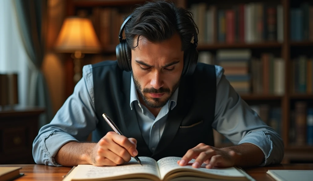 study notebook, man concentrated studying hard, man with transcending and studying mind, man studying and listening to music on headphones, concentrating