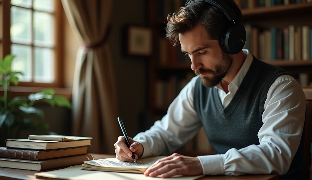 study notebook, man concentrated studying hard, man with transcending and studying mind, man studying and listening to music on headphones, concentrating