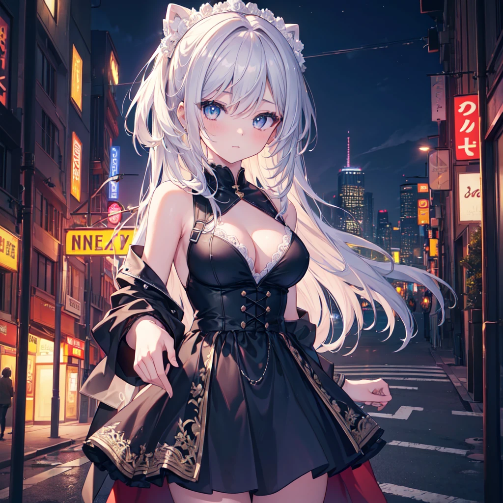 (masterpiece, Highest quality, Super detailed:1.3), Perfect composition, 4K, (Very detailed, Super detailed), Soft lighting, born, High resolution, 8k Texture, Extremely detailed, Very detailed肌の質感, Magnificent details, High Sharpness, One person, (Detailed eyes:1.3), (1 girl:1.3), (skinny), (Big Breasts), small, on the road, In public, City of night, night lighting, Neon Light, anime, figure,