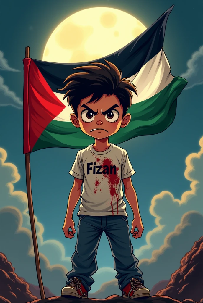 A poster with the name Fizan written on his shirt. A cartoon animation of a handsome boy in a bloody shirt holding a Palestinian flag on a rock with a moon background with an angry face