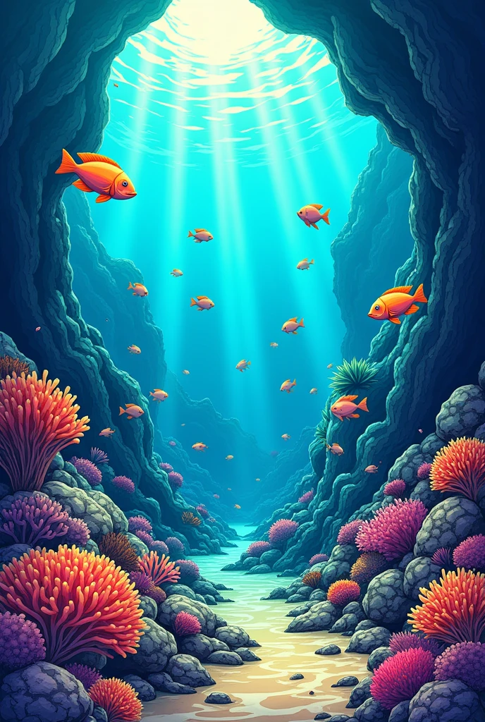 comic drawing of ocean  and organisms of ocean remains feel to the ocean floor