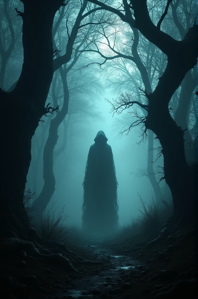Spooky forest with a silhouette in the background 