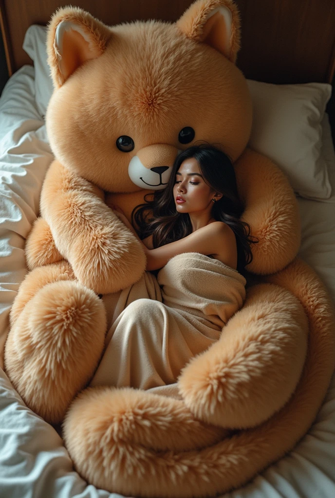 A beautiful brunette is inside a huge brown cat plushie. the plushie's tentacles are coiling around her whole body. She is wearing a plush bunny costume and lying in bed. the tentacles grip her whole body the plushie is quite large and fluffy, occupying a significant portion of the image