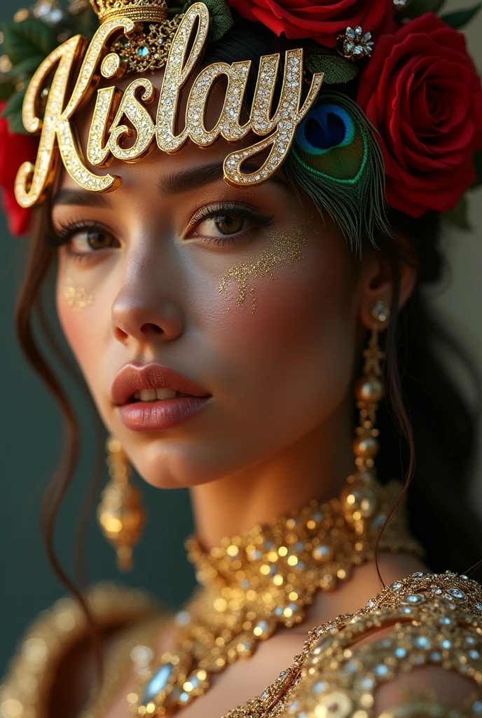 (photorealism:1.2), beautiful woman, The name "Kislay" is rendered in a luxurious gold script, adorned with a crown, roses, and a peacock feather. The name is dripping with gold, creating a sense of opulence and grandeur. The image is set against a soft, muted background, highlighting the intricate details of the design.

[Digital art, 3D rendering, highly detailed, ornate], [Inspired by the work of Greg Rutkowski], [Lighting: soft and warm, with highlights on the gold and diamonds, Colors: gold, red, green, and blue, Effects: dripping gold, glitter, bokeh, Texture: smooth and glossy, Background: soft and muted, Rendering: hyperrealistic]