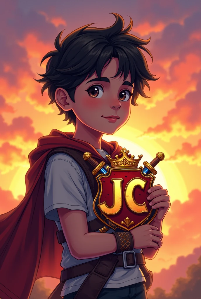 boy with dark brown hair carrying a logo with the initials "J" and "C" and crowns and swords in the logo, retro video game theme, sunset background